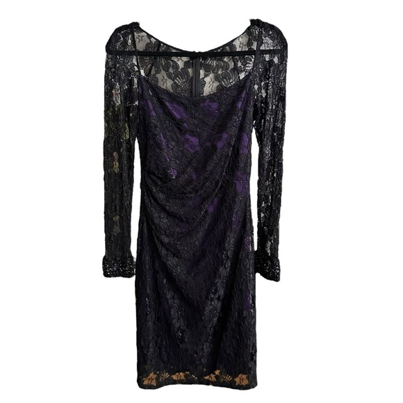 DAVID MEISTER Black Lace Cocktail Dress Beaded Cuffs, Purple Lining Size 6 - Picture 10 of 16
